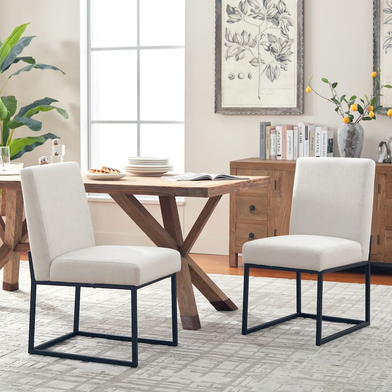 Mid Century Modern Dining Chair with Black Metal Legs - Set of 2 - Beige-unstriped