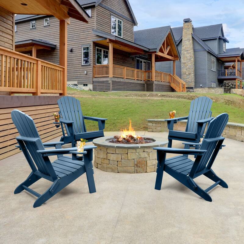 Vrakae Folding Adirondack Chair with Cup Holder Set of 4 - Navy Blue