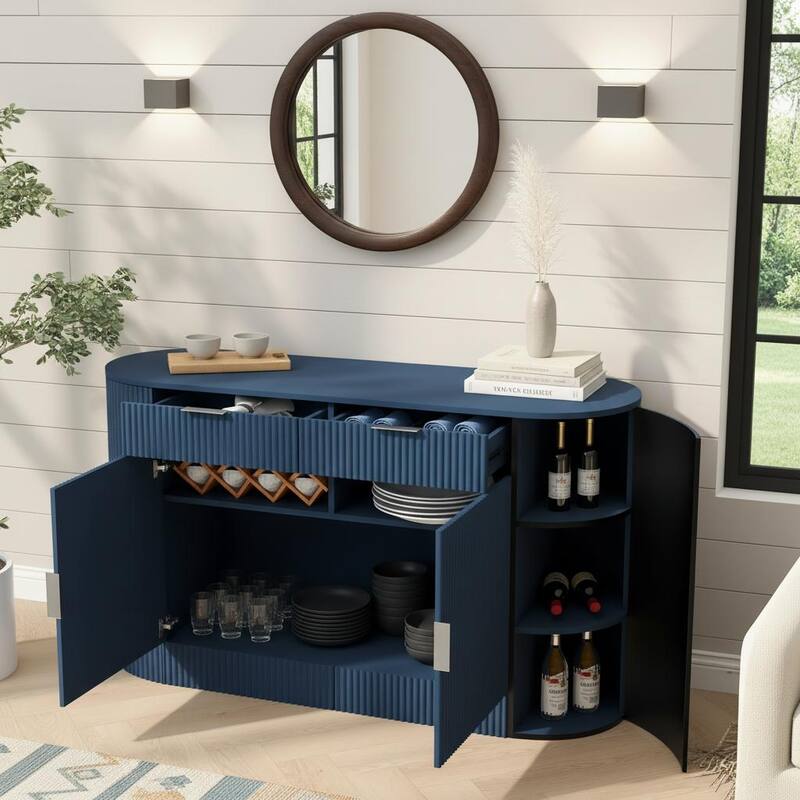 Modern Ribbed Storage Cabinet with Magic-Tape Curved Doors & Tiered Side Shelving by Harper&Bright Designs