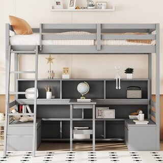 Twin Size Loft Bed With Storage Shelves, Drawers, Seat And Desk
