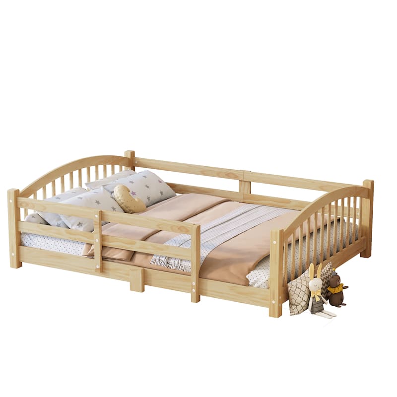 Solid Wood Floor Bed Montessori Bed with Safety Guardrails Without Door