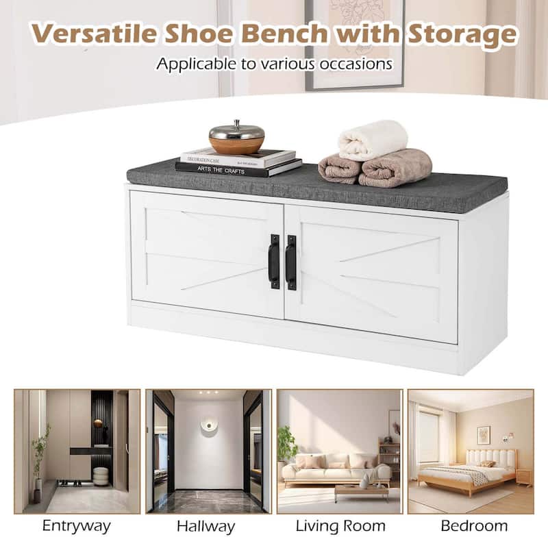 Costway Shoe Bench Farmhouse Shoe Rack Organizer with Cushion 2 Doors - See Details