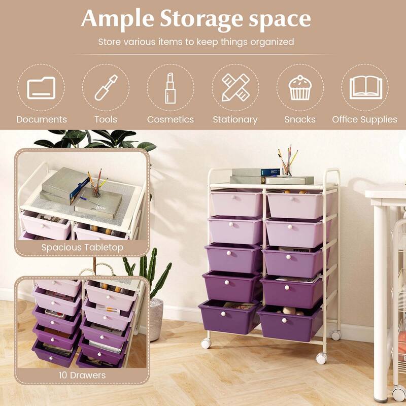 Costway 10-Drawer Storage Cart Utility Rolling Trolley Kitchen Office