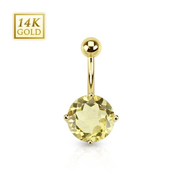 14 Karat Solid Yellow Gold Lemon Quartz Gemstone Round Prong Set Navel Belly Button Ring