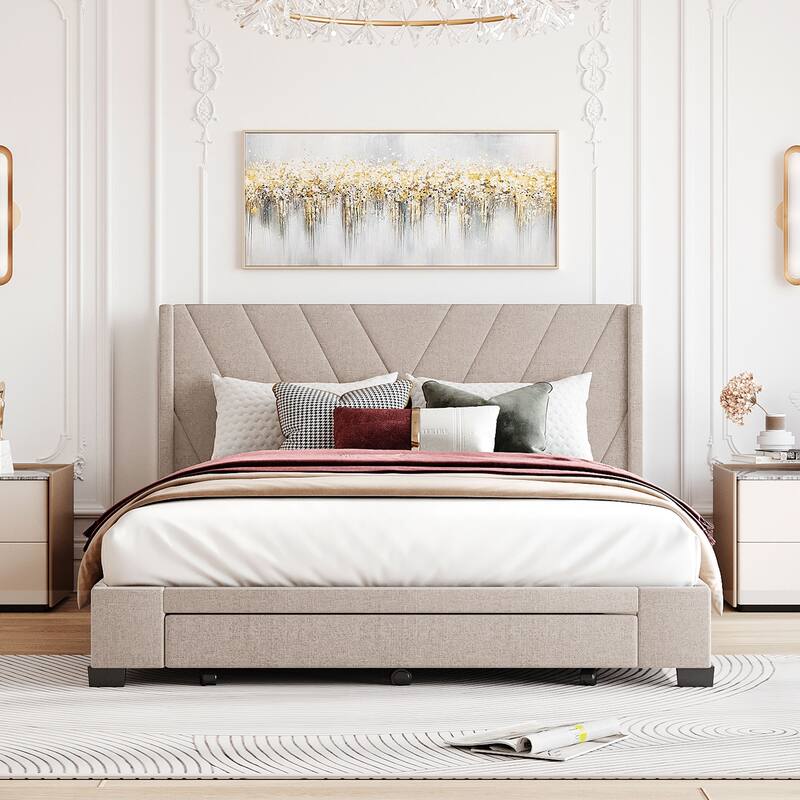 Linen Upholstered Queen Storage Bed: 3 Drawers, Sturdy Wood Frame