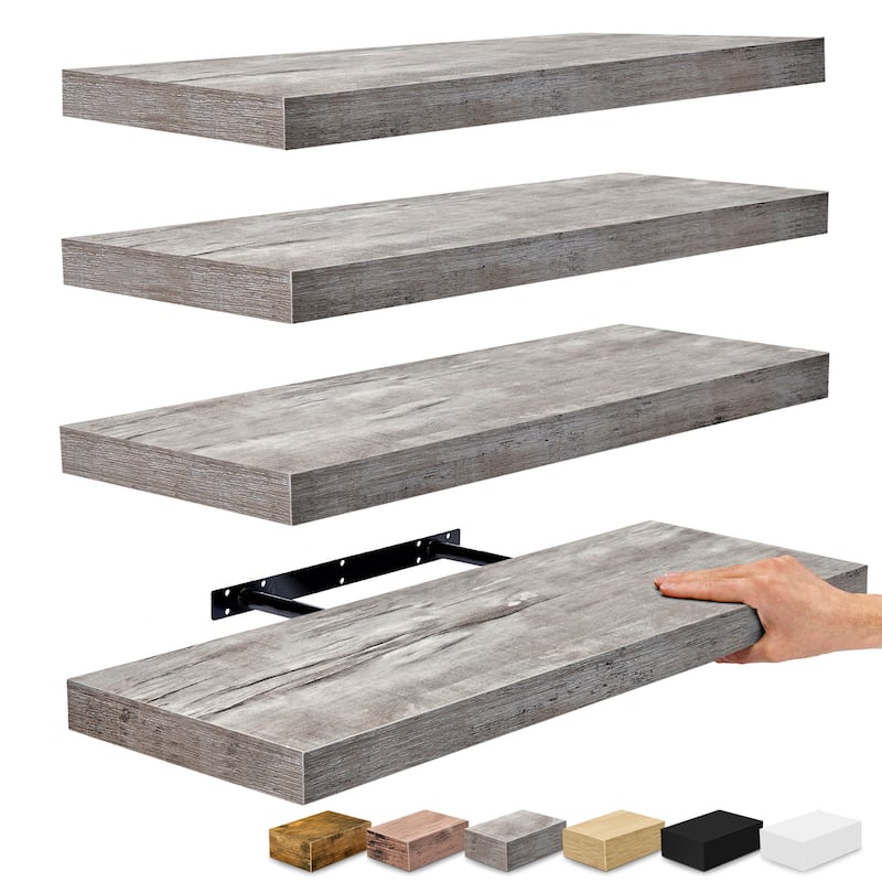 Sorbus Floating Wall Shelves Wall Mounted (4 Pack) - 24" L X 9" W X 1.5"H - Grey