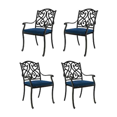 Patio Cast Aluminum Carved Dining Chairs with Cushions(Set of 4)