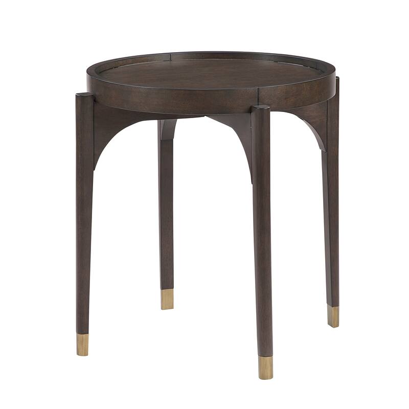 Dark Brown Finish Round End Table Solid Wood Legs with Metallic Gold Tip Classic Luxury Living Room Furniture 1pc Side Table
