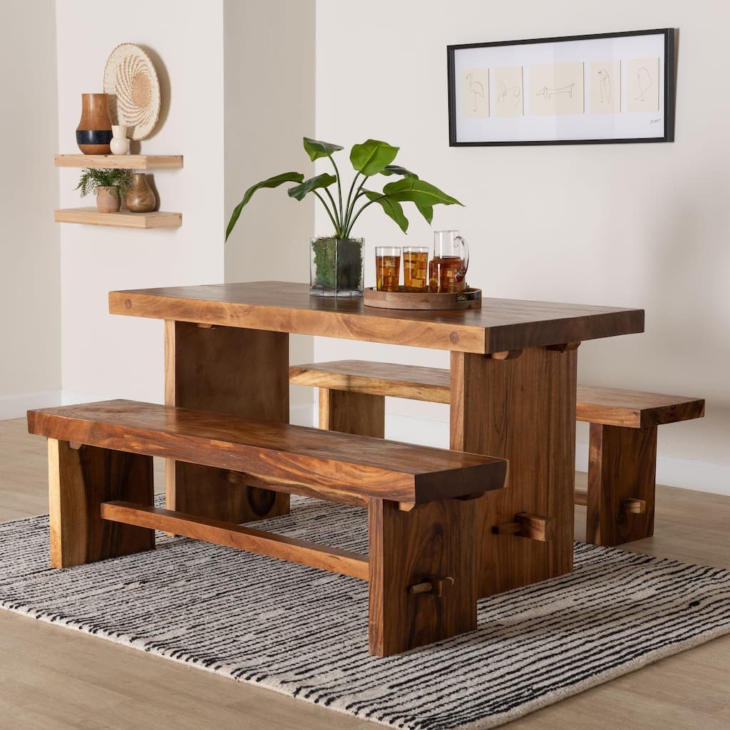 Biyu Suar Wood 3-Piece Dining Set - Handcrafted Rectangular Solid Wood Table and Two Benches, Rustic Modern Seating