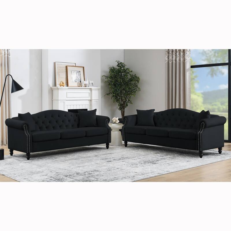 Classic Chesterfield 3+3 Combination Sofa with Nailhead Trim and Four Pillows - Elegant and Durable for Living Room - Black