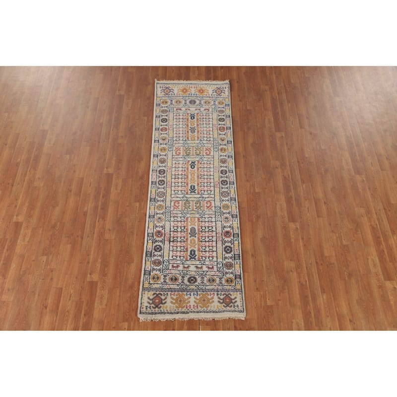 Geometric Khotan Oriental Runner Rug Hand-Knotted Wool Carpet - 2'6" x 8'0"