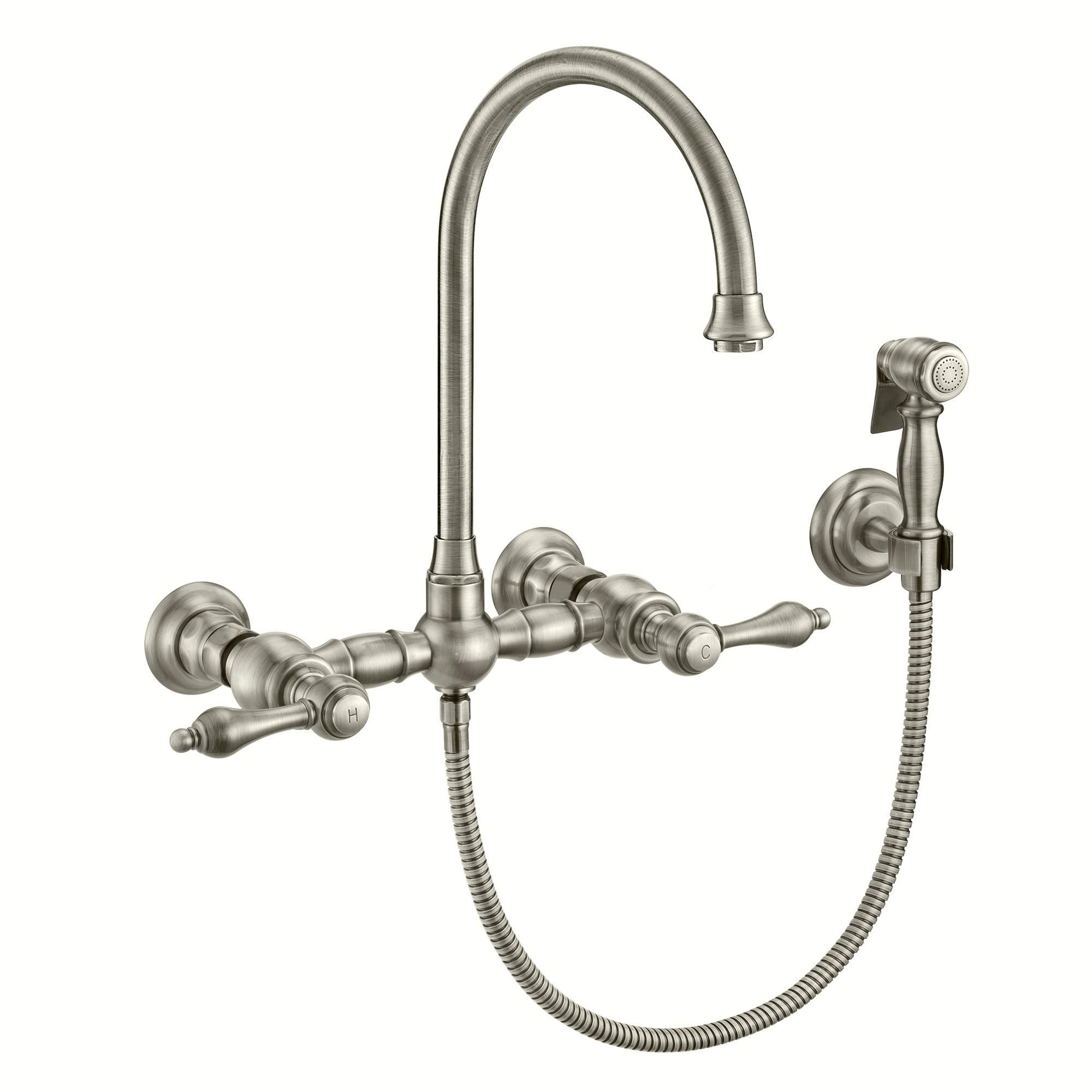 Vintage III Plus Wall Mount Faucet with a Long Gooseneck Swivel Spout, Lever Handles and Solid Side Spray