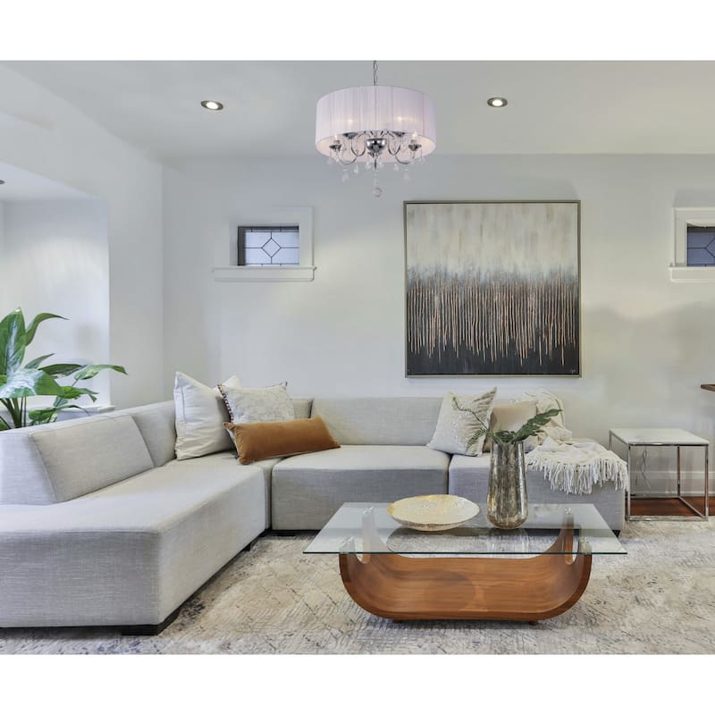 5 Light Chrome Metal Chandelier with White String Shade & Crystal Accents - D22'' H17''