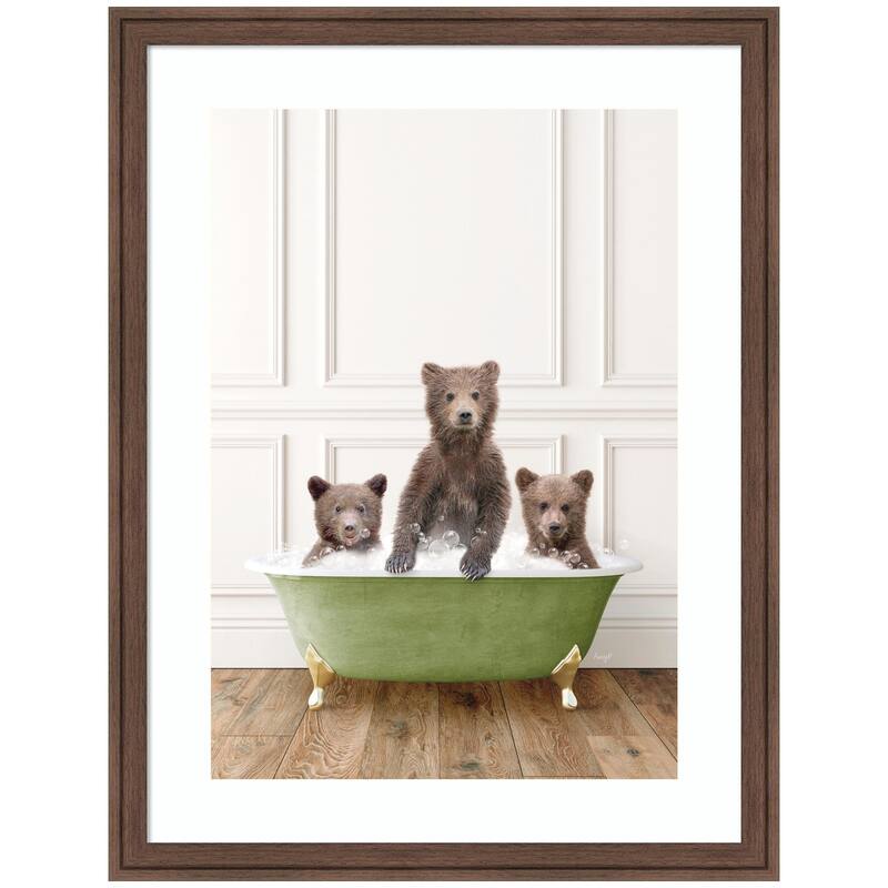 Kate and Laurel Three Bear Cubs in Transitional Bathtub by Amy Peterson Framed Wall Art Print - 20 x 26 - Brown