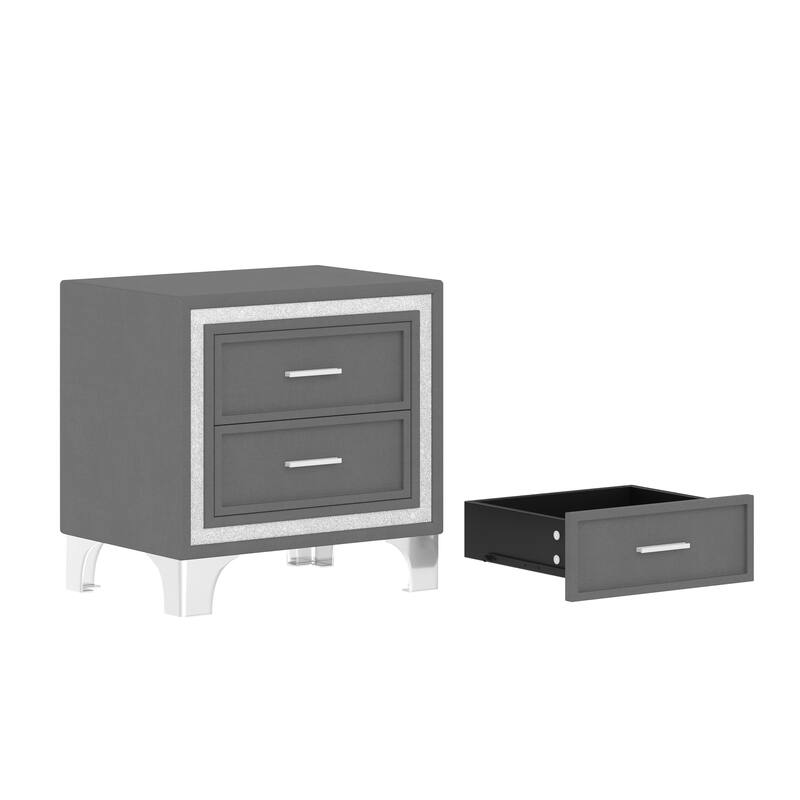 2-Drawer Nightstand with Silver Glitter Strip Decor and Metal Legs, Upholstered Nightstand, Velvet Bedside Table for Bedroom