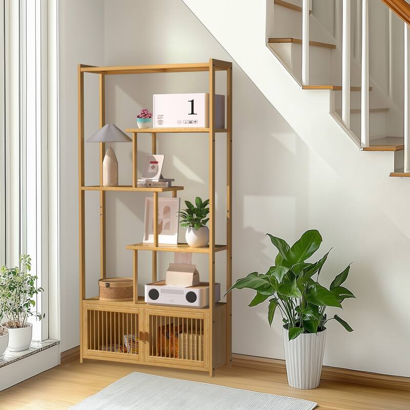 Natural Bamboo 5-Tier Bookcase with Storage Cabinet