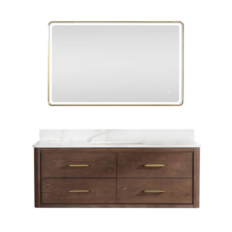 Cristo Floating Bath Vanity with White Quartz Stone Top and Mirror - 55 in. - Dark Brown Oak