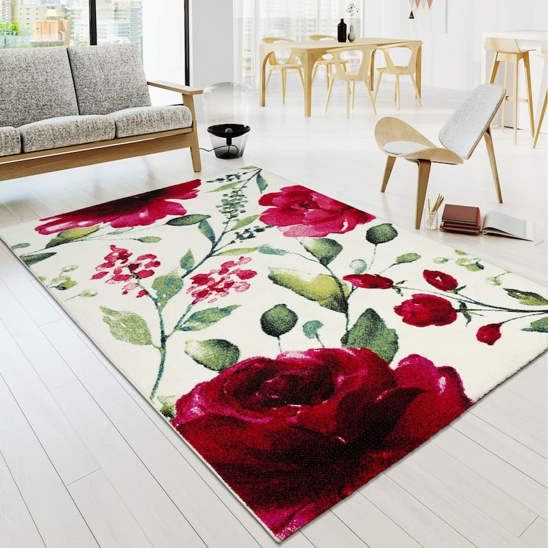 Artistic Area Rug Rose Motif in Watercolor Look - multicolor - 2'8" x 4'11"
