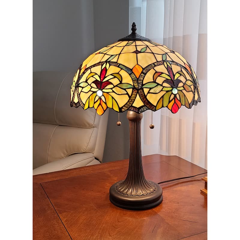 Tiffany Style Table Lamp 23" Tall Stained Glass Tan Orange Floral Flower Decor Bedroom Handmade Gift Amora Lighting