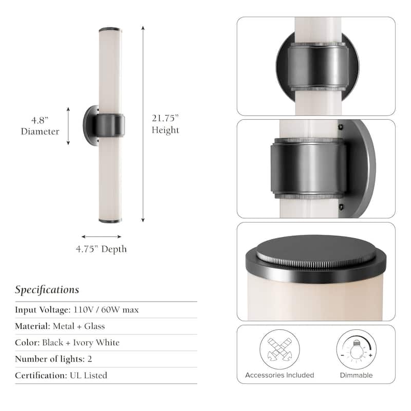 Modern Double Wall Sconce - Metal, Glass & Matte Black, Ivory White Sconces for Hallway or Accent Walls in Contemporary Style