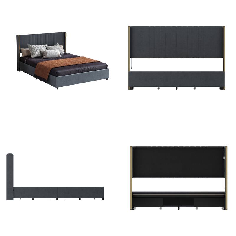 Stylish Grey or White Platform Bed with Light-Up Headboard and Drawer