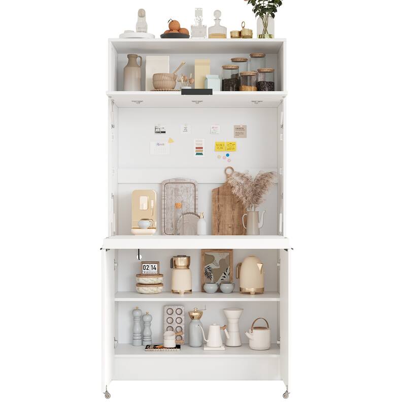 69" Kitchen Pantry Buffet with Hutch, Foldable Workstation & Power Outlet