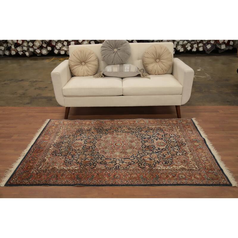 Hand Knotted Oriental 100% Silk Carpet Traditional Floral Navy Blue & Blues Hereke Area Rug - 6' 0'' X 4' 0''