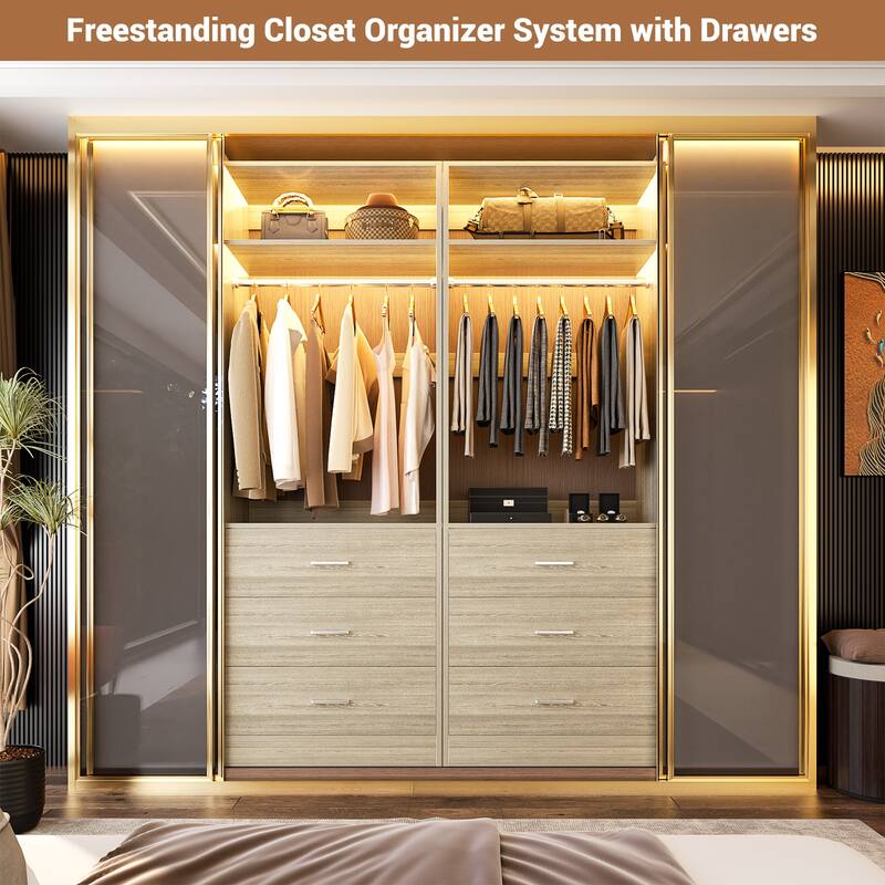 Kyrvo Freestanding Closet Sytem with 3 Wooden Drawers and Hanging Rod and Storage Shelf, Walk-in Closet Organizer Wardrobe