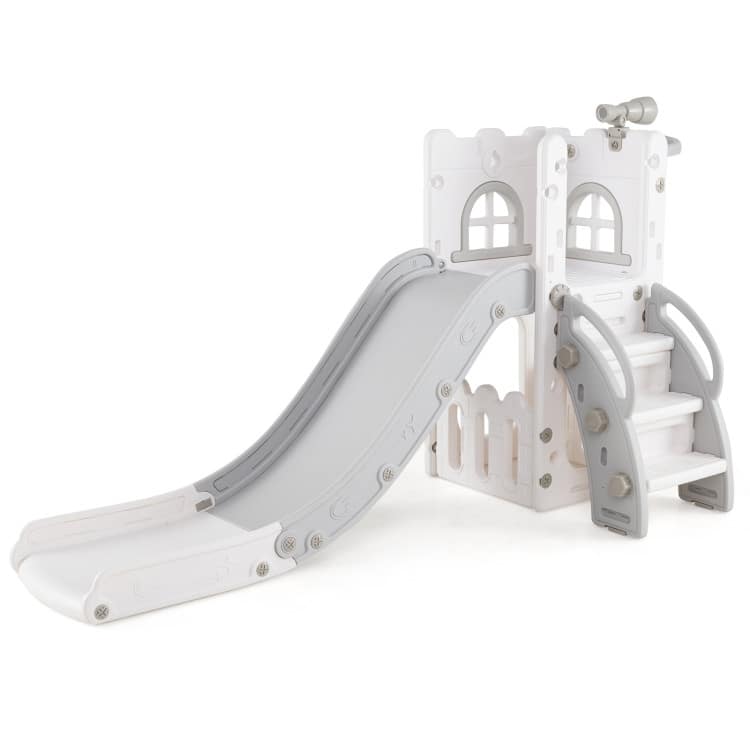 6 in 1 Toddler Slide and Playset for Kids with Basketball Hoop Climber Telescope and Storage - 27" x 57" x 33.5" (L x W x H) - Gray