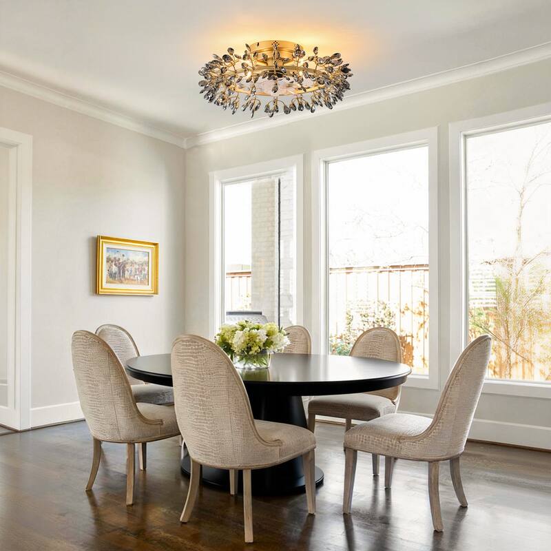 23" Modern Gold 4-Light Grey Crystal Low-Profile Flush Mount Ceiling Fan with Remote