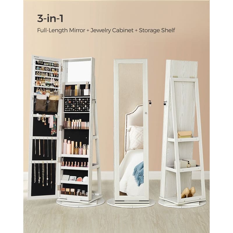 360° Swivel Lockable Jewelry Organizer Cabinet with Full-Length Mirror - 21.5''L x 21.5"W x 63.8''H