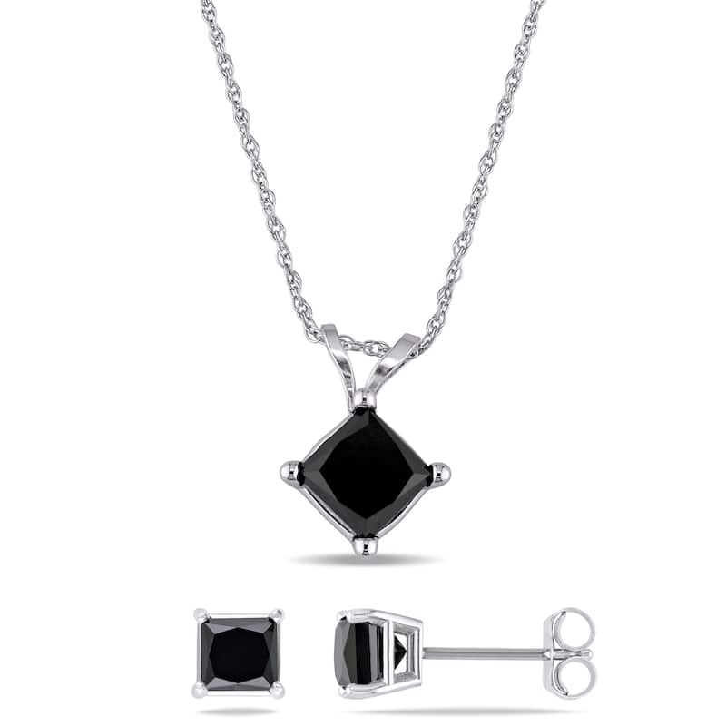 Miadora 2ct TDW Black Princess Diamond 2-Piece Solitaire Necklace Earrings Set 10k White Gold