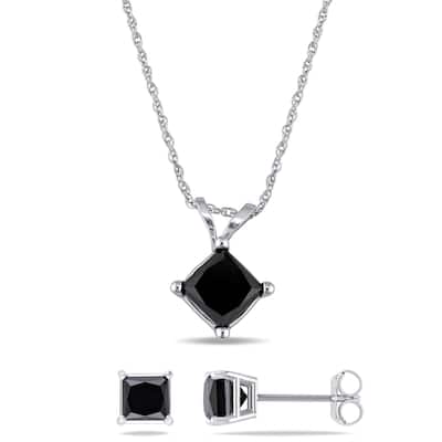 Miadora 2ct TDW Black Princess Diamond 2-Piece Solitaire Necklace Earrings Set 10k White Gold