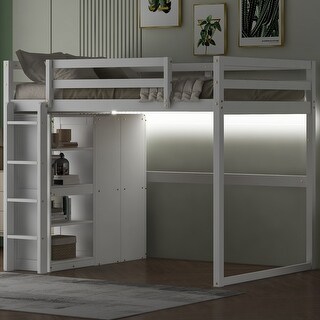 Full Loft Bed with Wardrobe, Storage Shelves & LED Light - Wood Frame, White