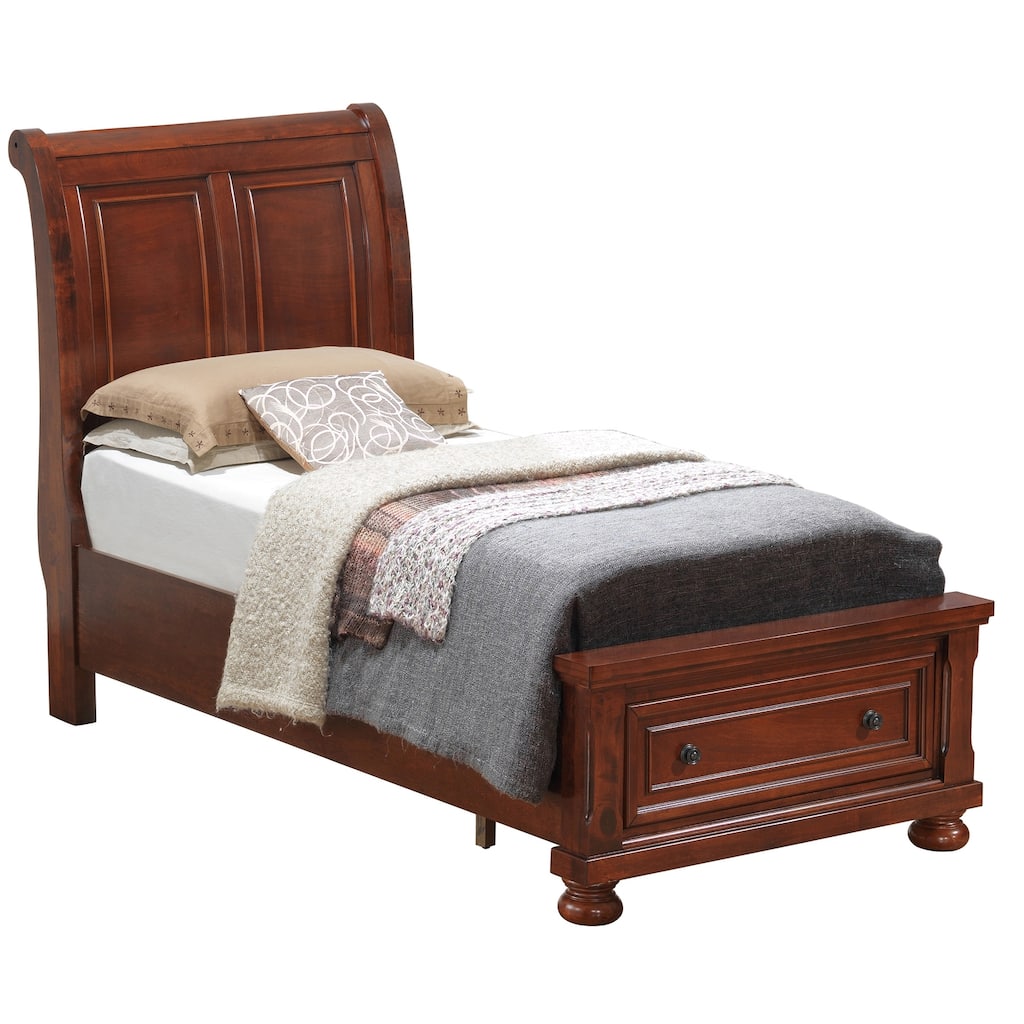 Wooden Sleigh Twin Panel Bed with Two Storage Drawers - 87" - Brown