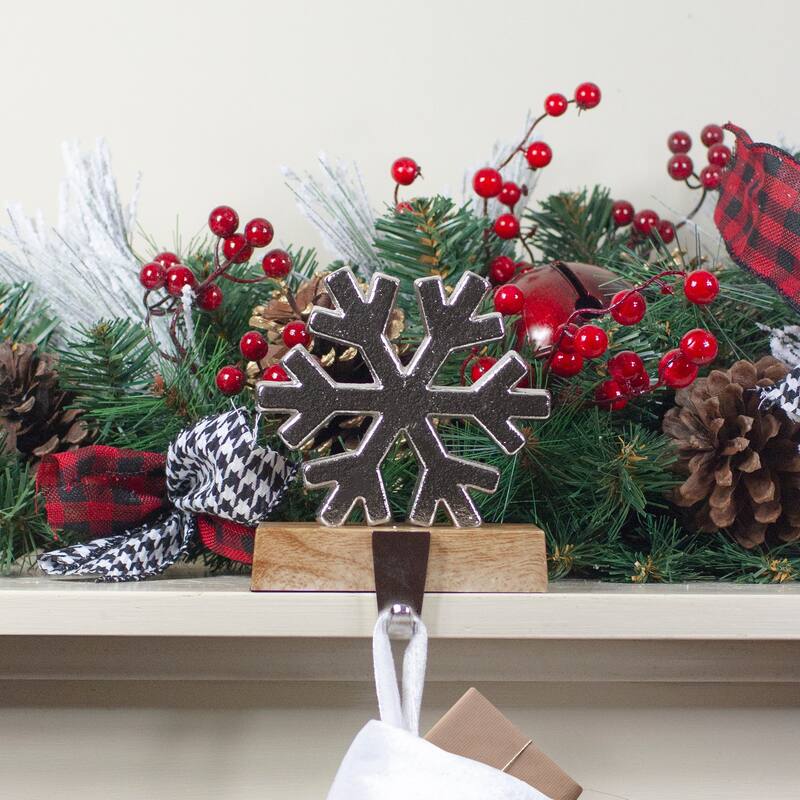 6" Silver Snowflake on Wood Look Base Christmas Stocking Holder