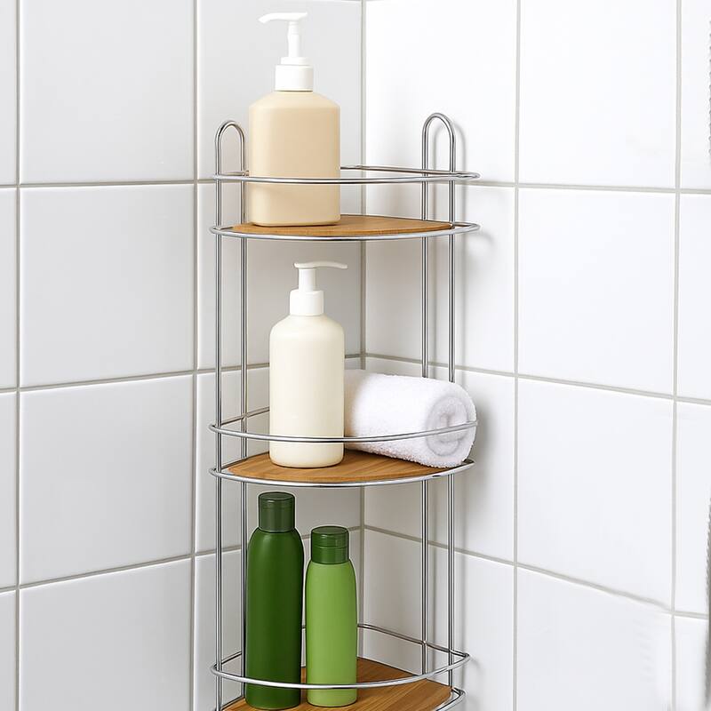 Corner Bathroom Organizer Storage Tower 3 or 2 Shelves Bamboo Black Metal