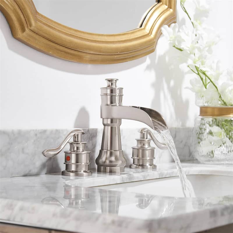 Double Handle Widespread Bathroom Faucet 8 Inch Waterfall Bathroom Sink Faucets 3 Holes Elegent Modern Basin Vanity Taps - Brushed Nickel