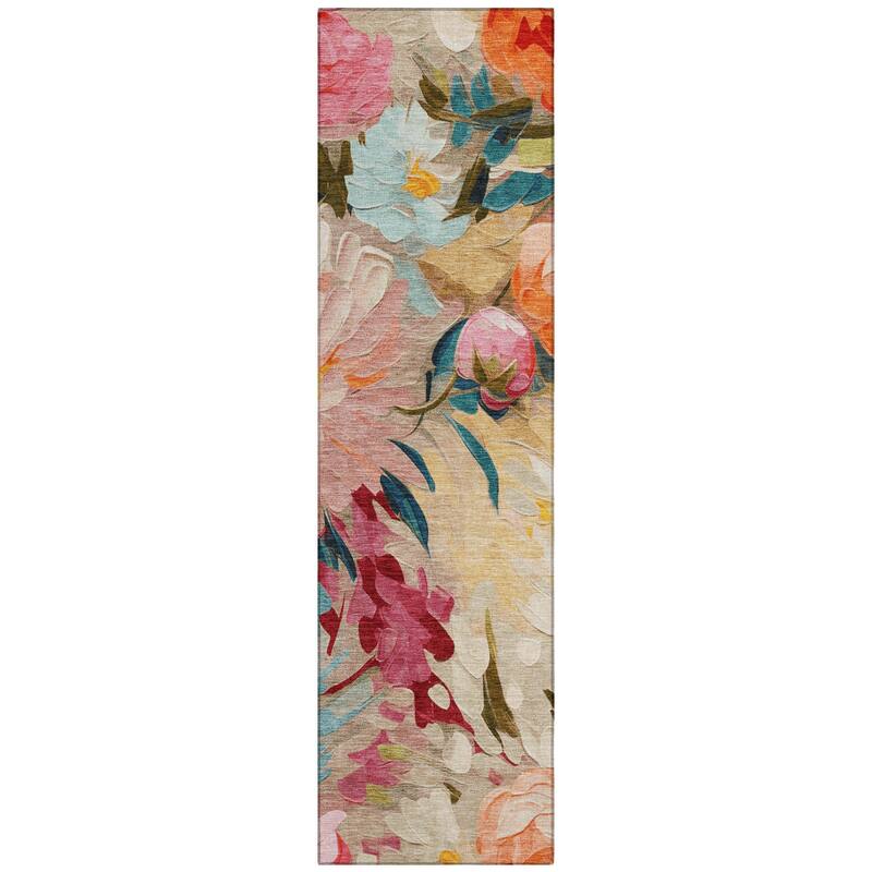 Machine Washable Indoor/ Outdoor Watercolor Floral Chantille Rug