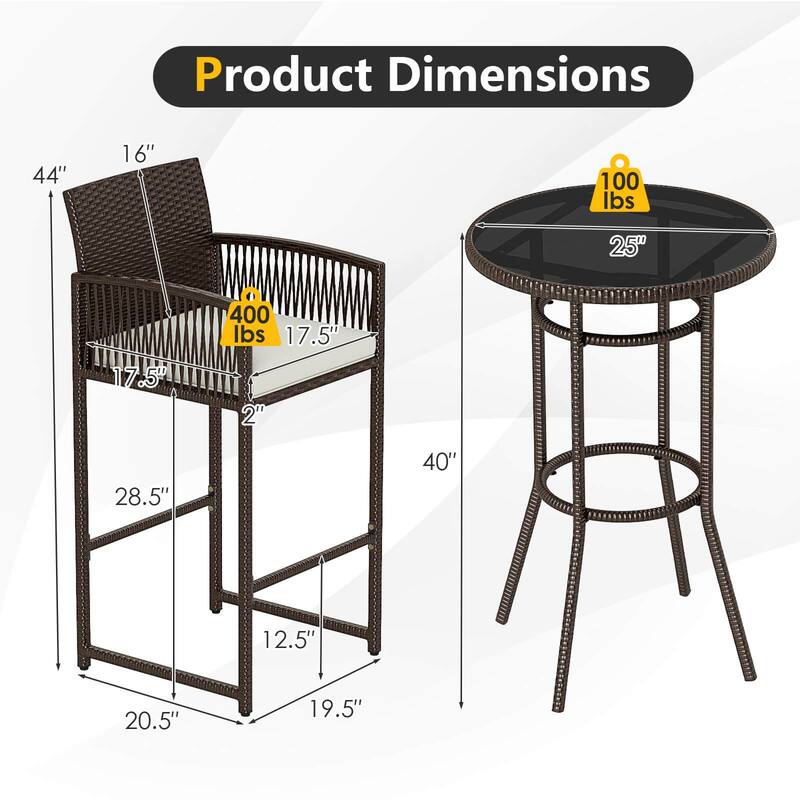 Costway 3 Piece Wicker Patio Bar Set with 2 Seat Cushions Glass - See Details