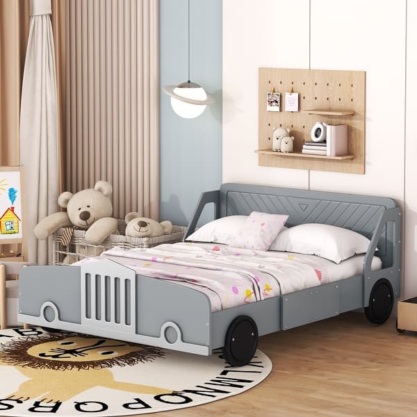 slide 2 of 26, Children's Full Size Platform Bed, Car-Shaped Wooden Bed with Wheels Grey - Full