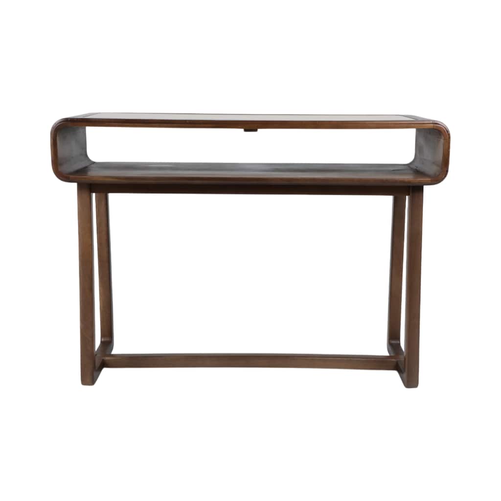 Wood and Travertine Console Table with Open Shelf and Curved Design
