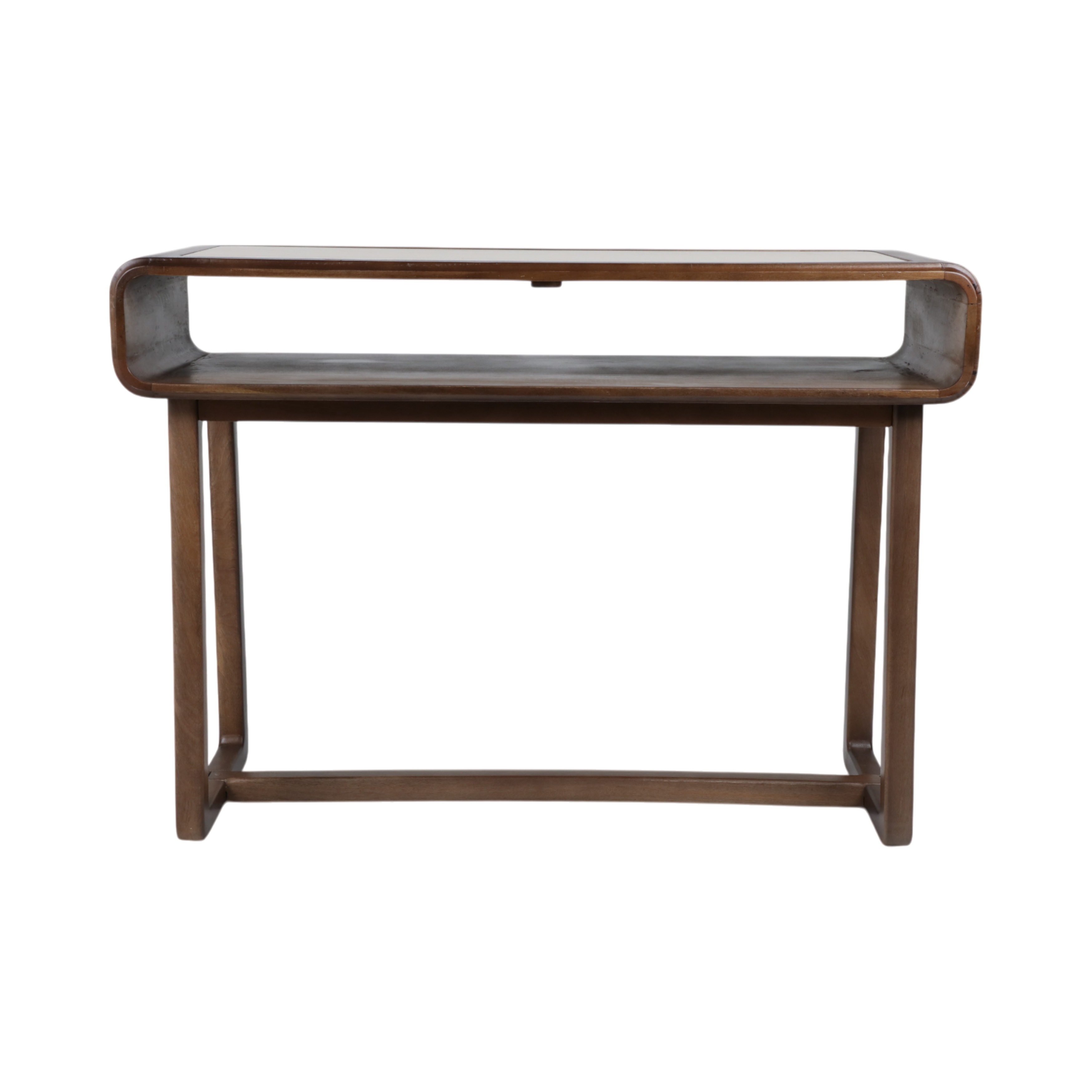 Wood and Travertine Console Table with Open Shelf and Curved Design