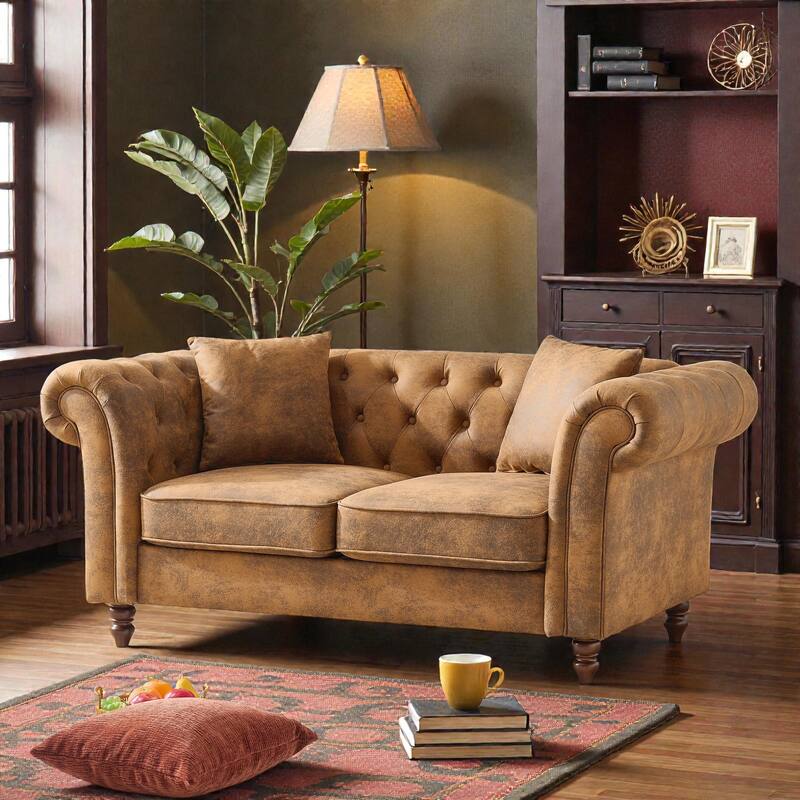 66" Chesterfield Tech Fabric Sofa, Rolled Arm 2-Seater Upholstered Couch for Living Room, Office & Apartments