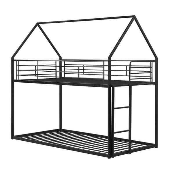 slide 2 of 20, Costway Twin Over Twin Metal Bunk Bed, House Shaped Floor Bunk Bed