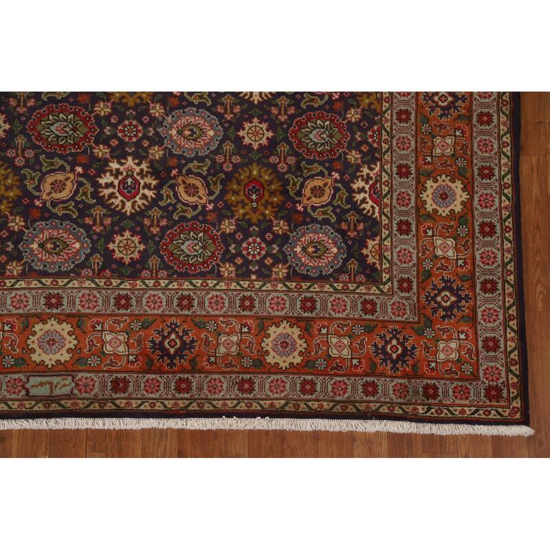 Hand Knotted Oriental 100% Wool Carpet Traditional Floral Navy Blue & Blues Tabriz Area Rug - 11' 5'' X 7' 7''