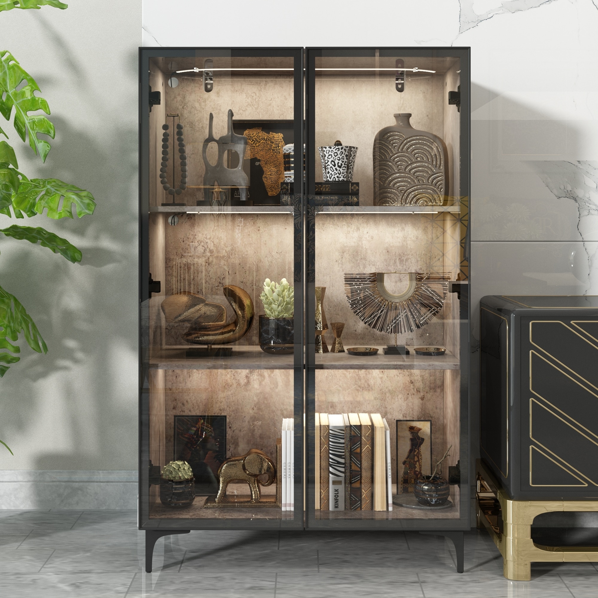 46.1"H 3-Tier Bookshelf Bookcase with Glass Doors and LED Light