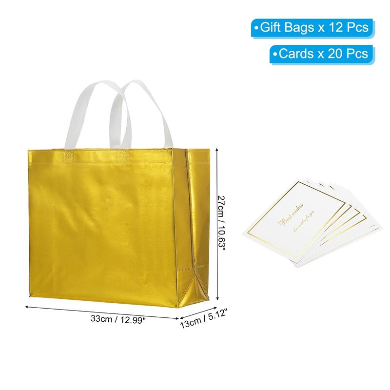 Gift Bags with Cards, 12Set 13" Reusable Non-Woven Gift Goodie Bags - Gold Tone