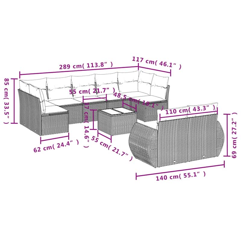 vidaXL 9 Piece Patio Sofa Set with Cushions Grey Poly Rattan - 24.4" x 24.4" x 27.2"