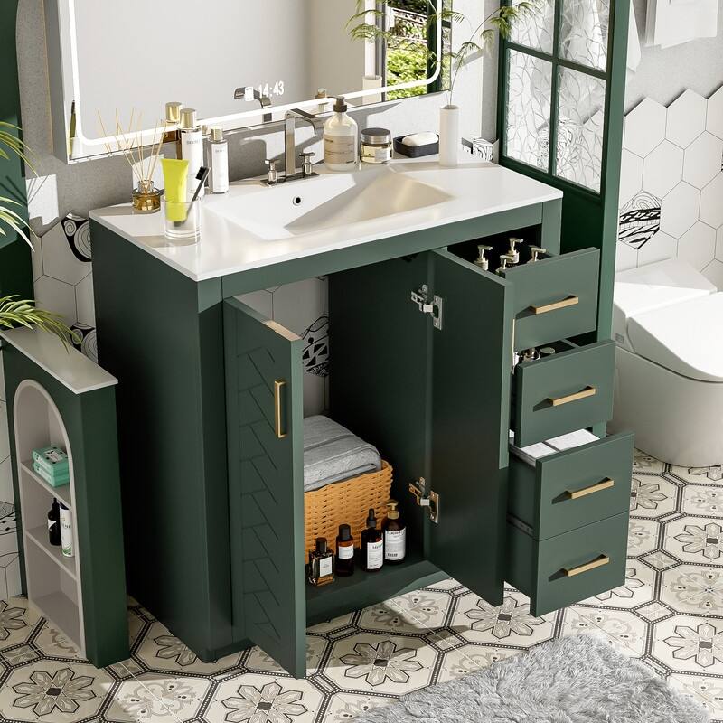 36" Bathroom Vanity with Ceramic Sink, 3 Drawers& Soft Closing Doors
